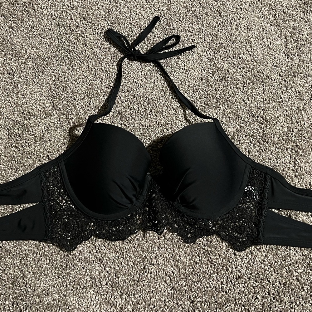 Aerie Black Lace Push Up Halter Bikini Top